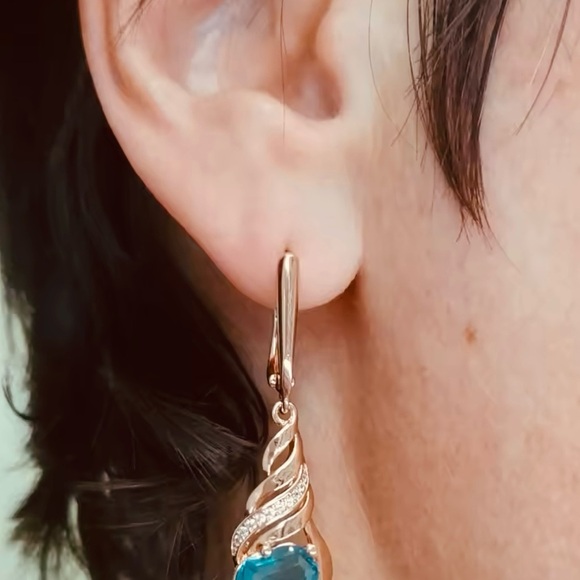 Shiny Blue Stone Long Drop Earrings for Women Natural Zircon 585 - Picture 4 of 4
